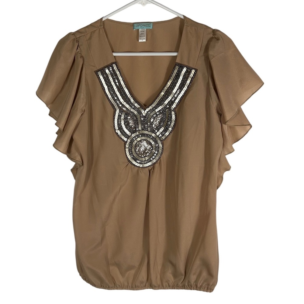 Six Degrees of Separation Tan Sequin Bib Flutter Sleeve Blouse Medium